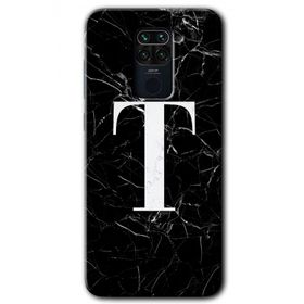 Xiaomi Redmi Note 9 Siyah Mermer Desenli T Harfi Baskılı Uyumlu Silikon Kılıf