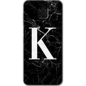 Xiaomi Redmi Note 9s Siyah Mermer Desenli K Harfi Baskılı Uyumlu Silikon Kılıf