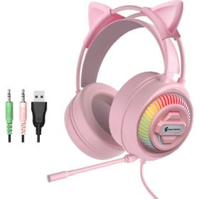 xPhone Store PSH-400 USB RGB 3.5 mm Pembe Kedi Kulağı Stil Kablolu Kulaklık