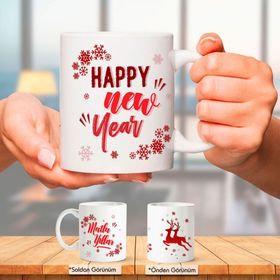 Yeni Yıla Özel Tasarım Happy New Year Geyikli Kupa Bardak
