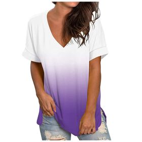 YRxUIAI Gradyan Mor Yuvarlak Yaka Kısa Kollu Dökümlü Kadın T-shirt