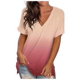 YRxUIAI Gradyan Pinguin Gri Yuvarlak Yaka Kısa Kollu Dökümlü Kadın T-shirt