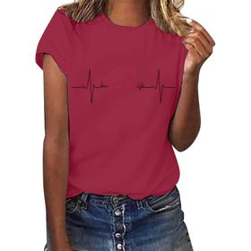 YRxUIAI Love Current A-Kırmızı Baskılı Bisiklet Yaka Kısa Kollu Kadın T-shirt