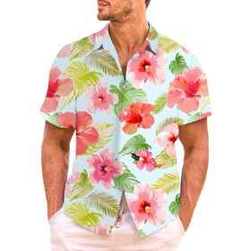 YWBleked Hawaii 3D Baskılı Çiçek Desenli Açık Mavi Erkek Gömlek