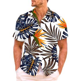 YWBleked Hawaii 3D Baskılı Çiçek Desenli Beyaz Erkek Gömlek