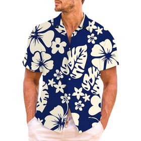 YWBleked Hawaii 3D Baskılı Çiçek Desenli Lacivert Erkek Gömlek