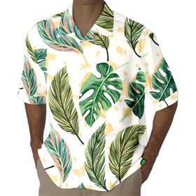 YWBleked Hawaii 3D Baskılı Hindistan Cevizi Yaprağı Baskılı Bej Erkek Gömlek