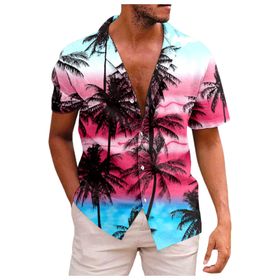 YWBleked Hawaii Çiçek Baskılı Günlük Pembe Erkek Gömlek