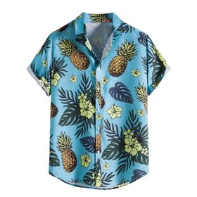 YWBleked Hawaii Çiçek Desenli Baskılı Mavi Erkek Gömlek