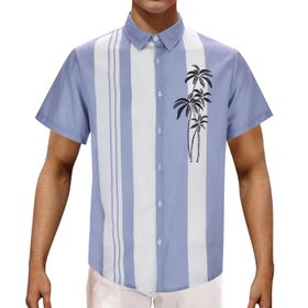 YWBleked Hawaii Çiçek Desenli Mavi Erkek Gömlek
