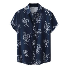 YWBleked Hawaii Çiçek Desenli Sade Baskı Rahat Nakışlı Koyu Mavi Erkek Gömlek