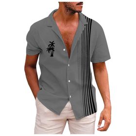 YWBleked Hawaii Çizgili Baskı Gri Erkek Gömlek