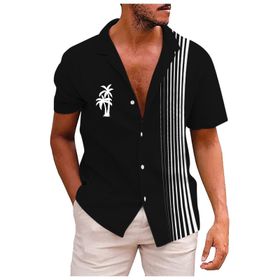 YWBleked Hawaii Çizgili Baskı Siyah Erkek Gömlek