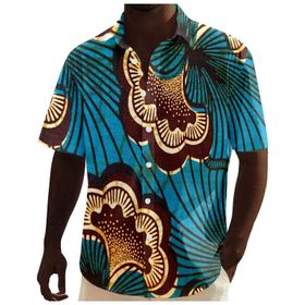 YWBleked Hawaii Geleneksel Casual Çiçek Desenli Afrika Dashiki Tarzında Mavi Erkek Gömlek