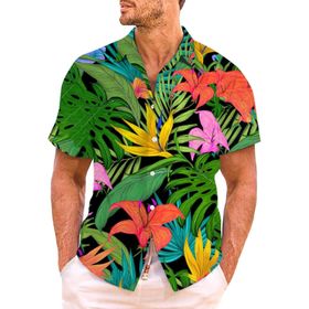 YWBleked Hawaii Rahat Baskılı Tropik Tarz Sarı Erkek Gömlek