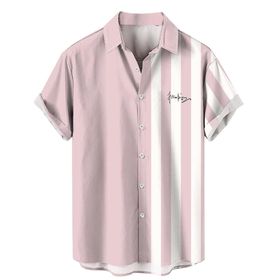 YWBleked Hawaii Rahat Çizgili Pembe Erkek Gömlek