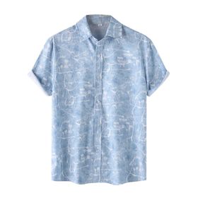 YWBleked Hawaii Retro Tarz Baskılı Açık Mavi Erkek Gömlek