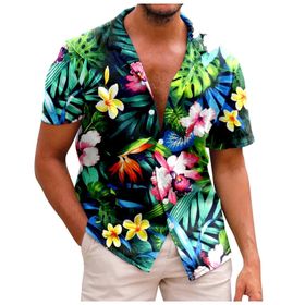 YWBleked Hawaii Vintage Baskılı Çiçekli Mavi Kareli Erkek Gömlek