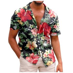 YWBleked Hawaii Vintage Baskılı Çiçekli Mavi Kareli Kırmızı Erkek Gömlek