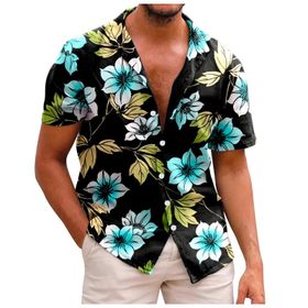 YWBleked Hawaii Vintage Baskılı Çiçekli Mavi Kareli Siyah Erkek Gömlek