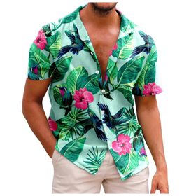 YWBleked Hawaii Vintage Baskılı Çiçekli Mavi Kareli Yeşil Erkek Gömlek