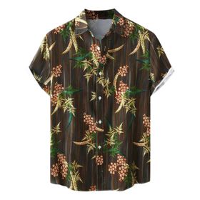 YWBleked Hawaii Vintage Çiçek Yapraklı Kahverengi Erkek Gömlek