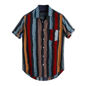 YWBleked Hawaii Vintage Çizgili Mavi Erkek Gömlek