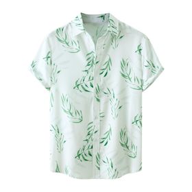 YWBleked Hawaii Yeşil Yaprak Baskılı Rahat Nane Yeşili Erkek Gömlek