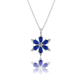 Zanaatsilver 925 Ayar Gümüş Zincirli Mavi Taşlı Rodyum Kaplama Lotus Kamelya Çiçeği Kolye