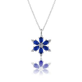 Zanaatsilver 925 Ayar Gümüş Zincirli Mavi Taşlı Rodyum Kaplama Lotus Kamelya Çiçeği Kolye