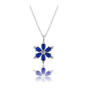 Zanaatsilver 925 Ayar Gümüş Zincirli Mavi Taşlı Rodyum Kaplama Lotus Kamelya Çiçeği Kolye