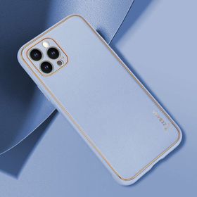 Zebana Apple iPhone 13 Pro Max Gold Design Deri Açık Mavi Kılıf