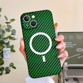 Zebana Apple iPhone 14 Plus Yeşil Karbon Fiber Magsafe Silikon Kablosuz Şarj Destekli Kılıf
