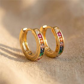 Zeino 14K Altın Kaplama - 1 cm Renkli Taş Detaylı Halka Çelik Küpe