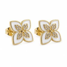 Zeino 14k Altın Kaplama - 10 mm Zirkon Kalpli Beyaz Mineli Çiçek Çelik Küpe
