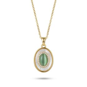 Zeino 14k Altın Kaplama 15x24 mm Sedef ve Oval Yeşil Taş detaylı Çelik Kolye Ucu