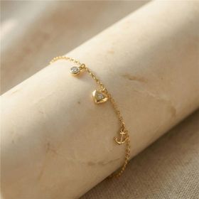 Zeino 14K Altın Kaplama - 17+3 cm Kalp ve Çapa Zirkon Taşlı Charm Bileklik