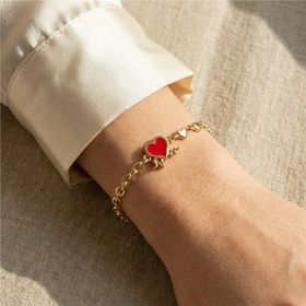 Zeino 14K Altın Kaplama - 17+3 cm Kırmızı Kalp Detaylı Zincir Çelik Bileklik