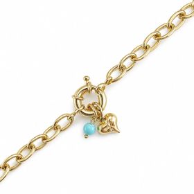 Zeino 14K Altın Kaplama - 17+3 cm Mavi Taşlı Kalp Detaylı Su Yolu Çelik Bileklik