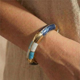 Zeino 14K Altın Kaplama - 56 mm Lacivert Mavi Turkuaz Sedef Detaylı Kare Kelepçe Bilezik