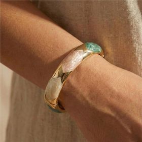 Zeino 14K Altın Kaplama - 6 cm Krem Turkuaz Kahve Sedef Detaylı Kelepçe Bilezik