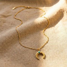Zeino 18k Altın Kaplama - 41+5 cm 1 mm Turkuaz Taşlı Burgu Yarım Ay Çelik Kolye