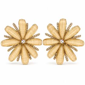 Zeino 925 Ayar Gümüş Çivili - 14k Altın Kaplama - 24 mm Kristal Kalpli Zirkon Taşlı Papatya Küpe
