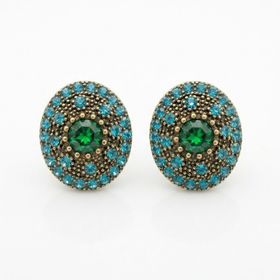 Zeino 925 Ayar Gümüş Çivili Altın Rengi Kaplama 18 mm Yeşil Zirkon Taşlı Vintage Küpe