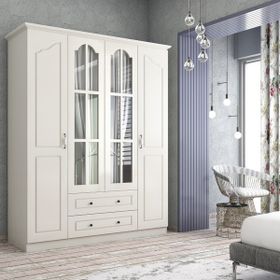 Zenio Assos Saten Beyaz 4 Kapak 2 Çekmeceli Gardırop