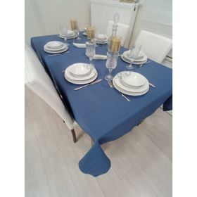 Zeren Home Keten Görünümlü İndigo Mavi Dertsiz 150x220 cm Masa Örtüsü