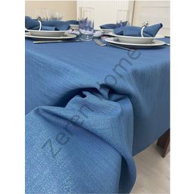 Zeren Home Keten Görünümlü Simli Dertsiz Indigo Mavi 150 x 260 cm Masa Örtüsü