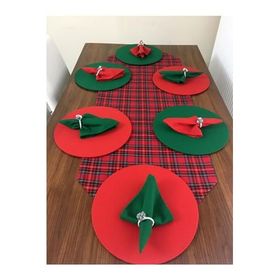 Zeren Home Kırmızı Yılbaşı Ekose Desenli Runner + Yeşil Kırmızı Supla + Servis Peçetesi 6 Kişilik Set