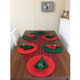Zeren Home Kırmızı Yılbaşı Ekose Desenli Runner + Yeşil Kırmızı Supla + Servis Peçetesi 6 Kişilik Set
