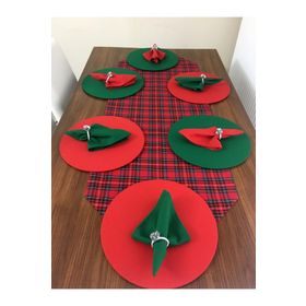 Zeren Home Kırmızı Yılbaşı Ekose Desenli Runner + Yeşil Kırmızı Supla + Servis Peçetesi 6 Kişilik Set